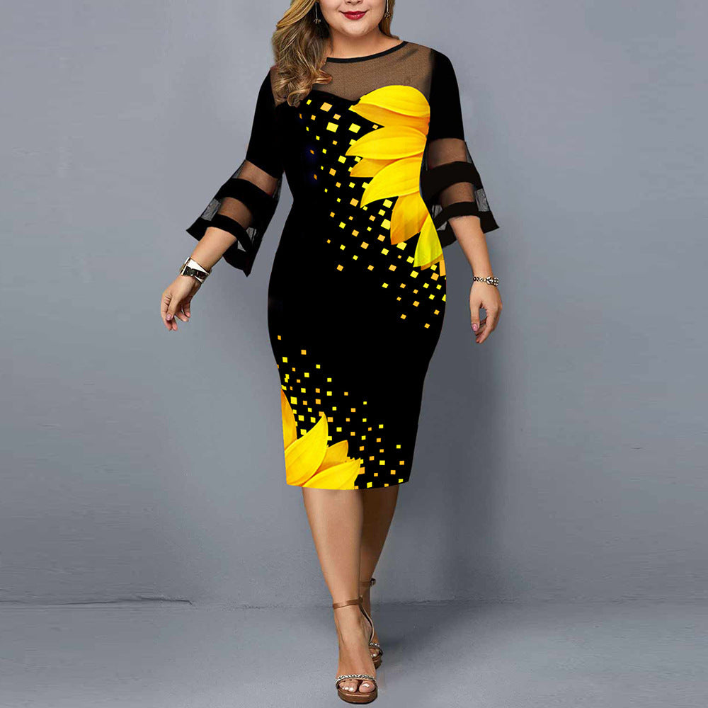 Plus Size Floral Mesh Bell Sleeve Bodycon Midi Dress