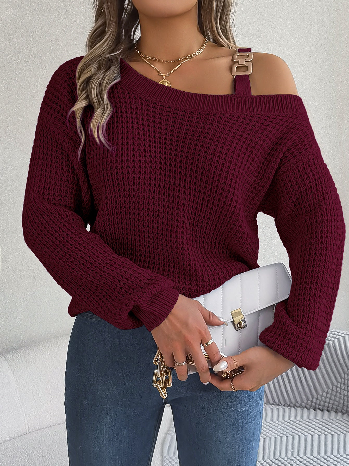 2025 Fall Winter Casual Off-Shoulder Lantern Sleeve Sweater with Metal Accents