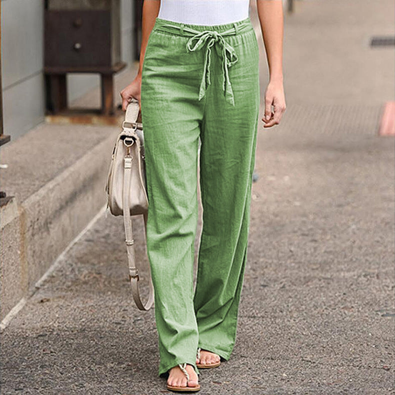 Women Linen Blend Wide Leg Pants Drawstring Elastic Waist