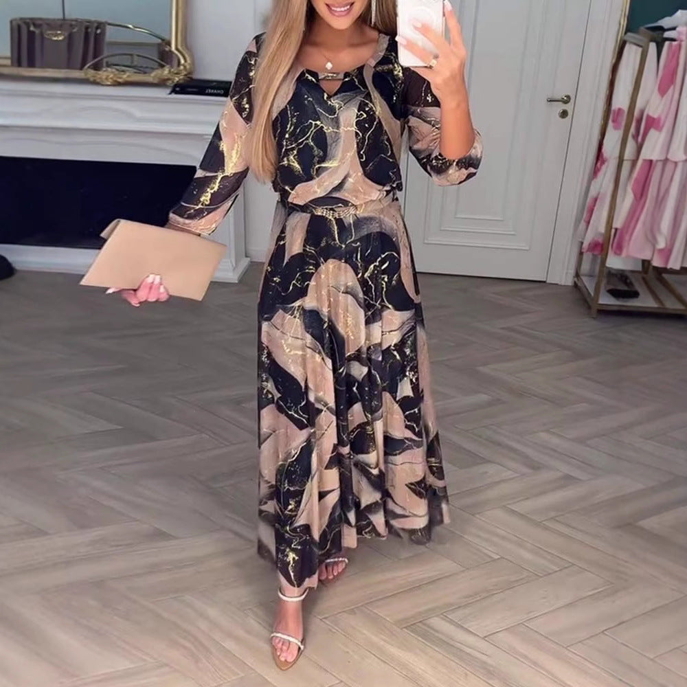 Women's Marble Print 3/4 Sleeve High Waist Maxi Dress