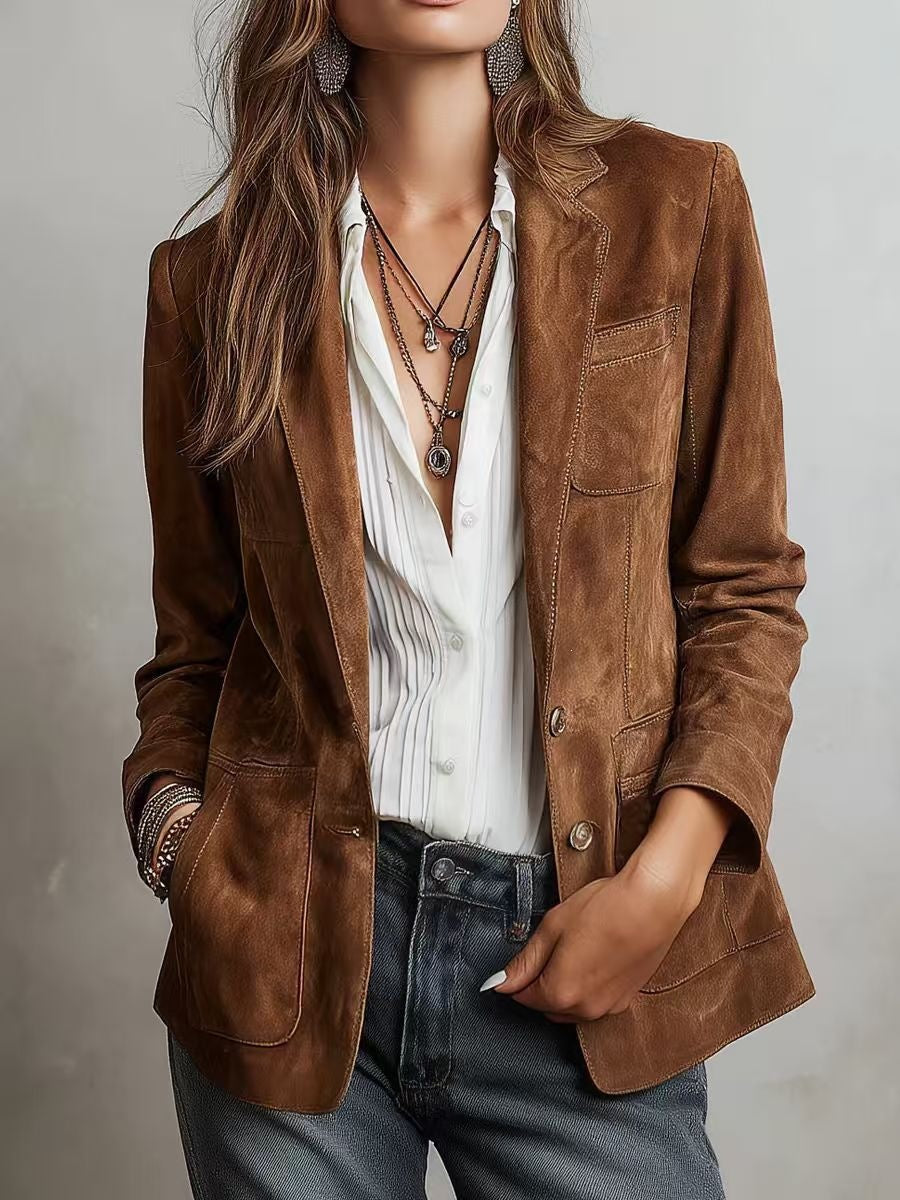 Women's Vintage Faux Suede Blazer Oversized Button Jacket