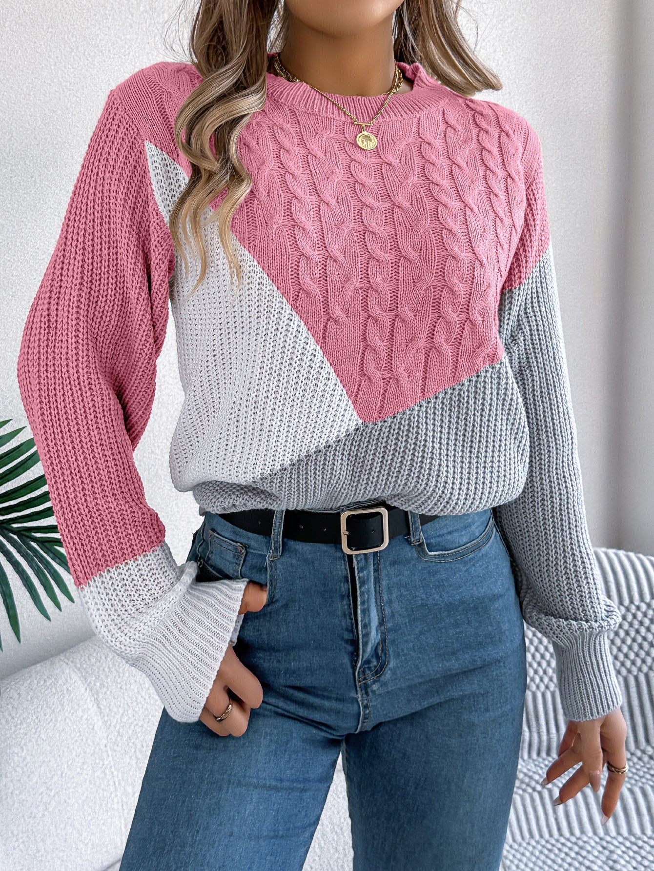 Colorblock Cable Knit Sweater – Casual Fall Winter Pullover