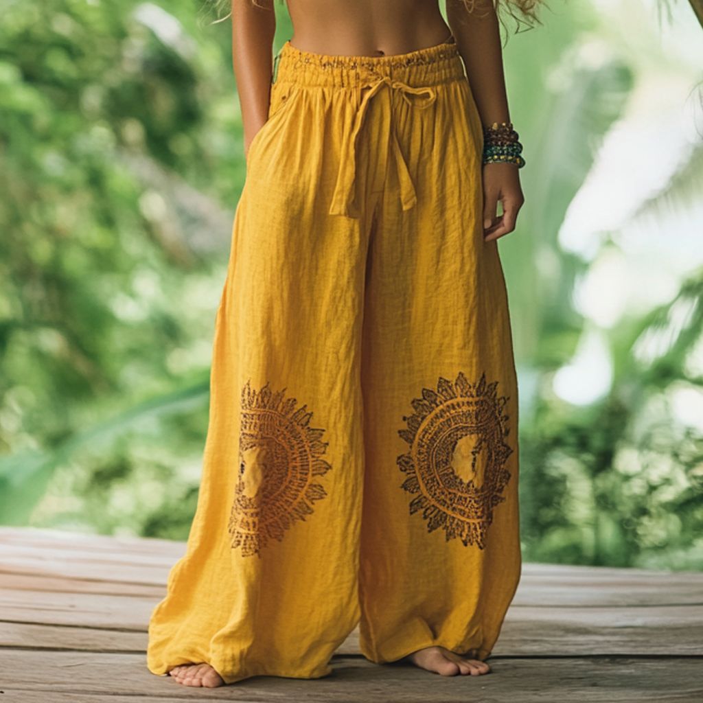 Women's Boho Wide Leg Pants Printed Drawstring Pockets