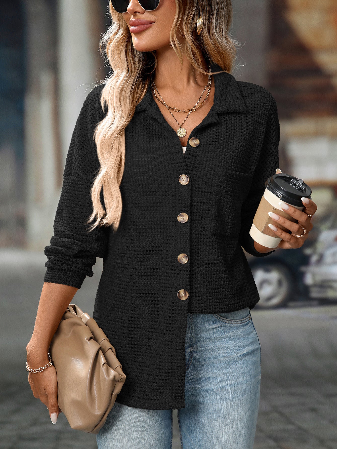 2025 Fall/Winter Casual Waffle Knit Shirt – Loose Fit Commuter Top