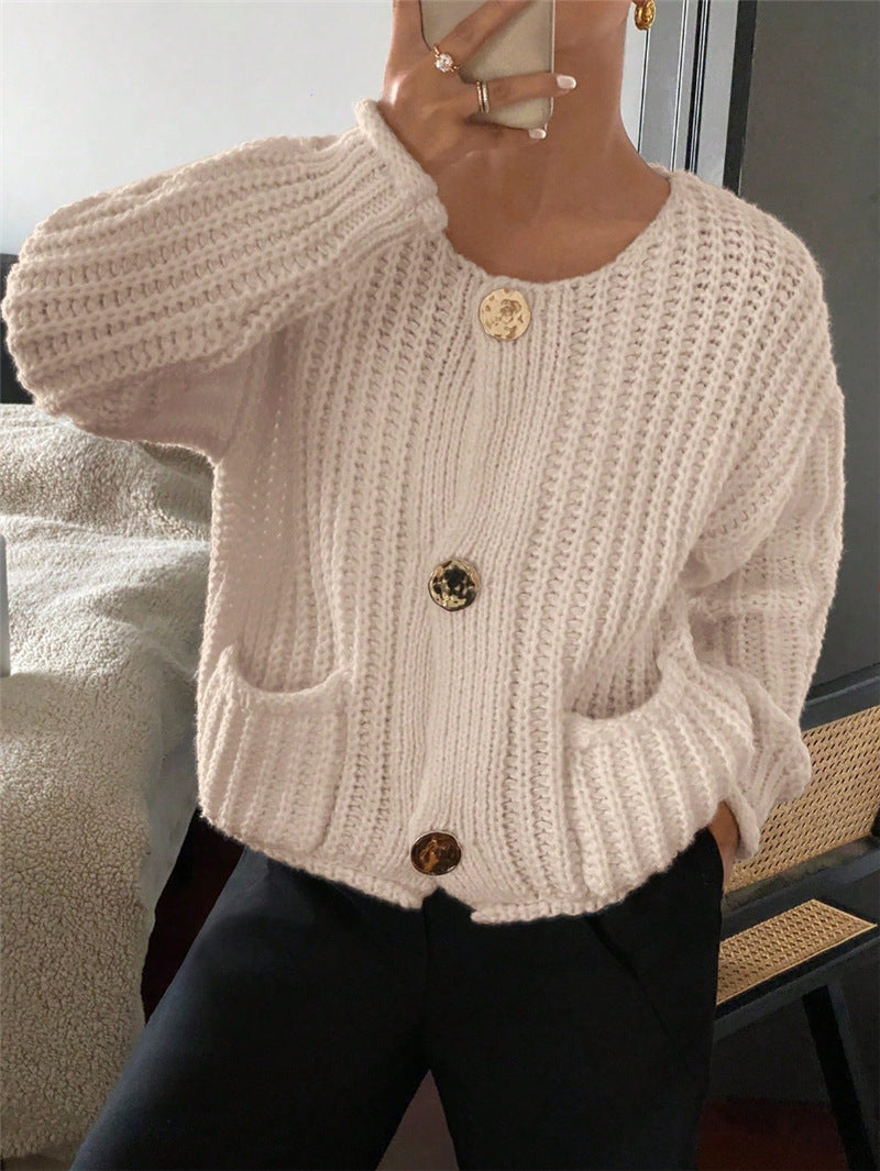 Chunky Knit Cardigan Oversized Button Front Pocket