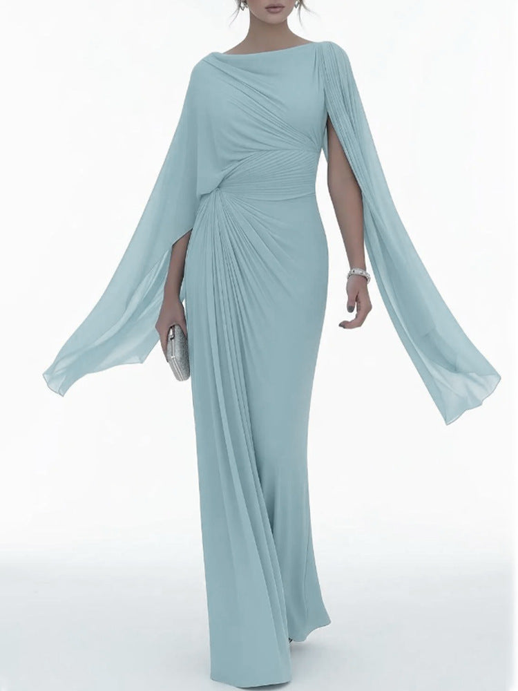 Women's Boat Neck Ruched Batwing Sleeve Maxi Dress