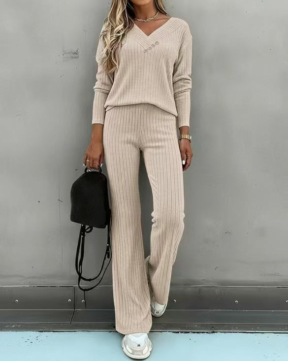 Women's Ribbed V-Neck Button Lounge Pants Set