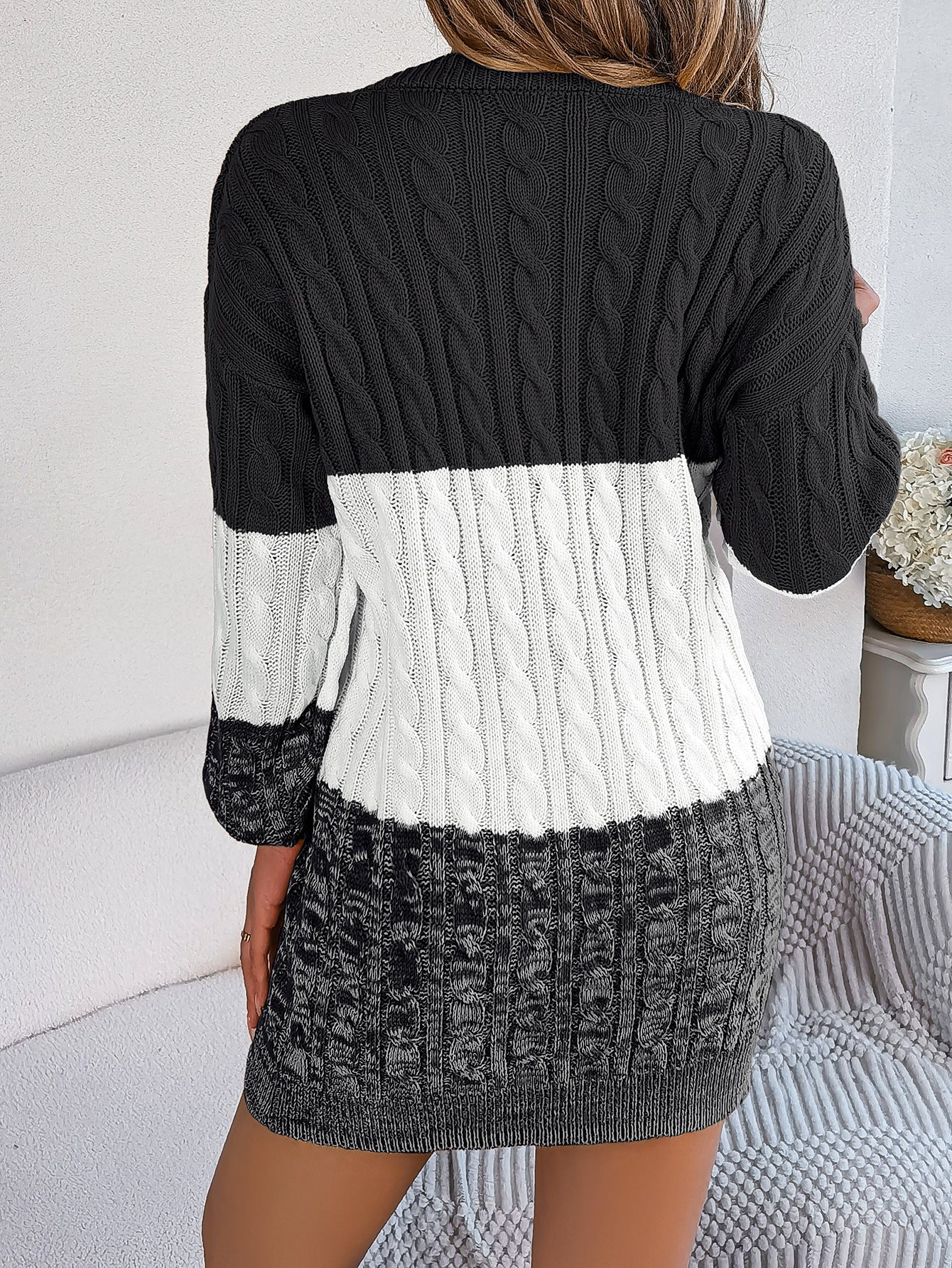 2025 Fall Winter Colorblock Cable Knit Lantern Sleeve Sweater Dress