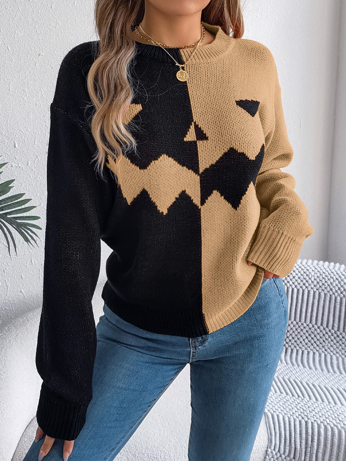 Women's Halloween Color Block Pumpkin Sweater