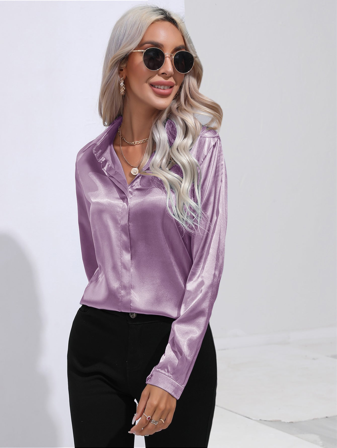 Women's Satin Long Sleeve Collared Blouse