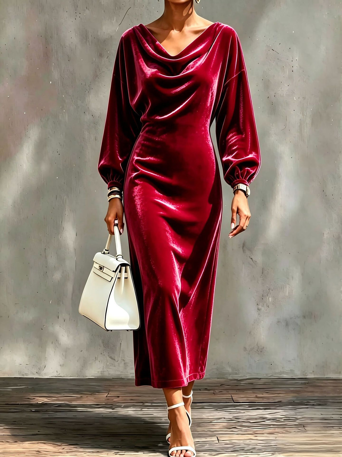 Velvet Cowl Neck Balloon Sleeve Bodycon Midi Dress