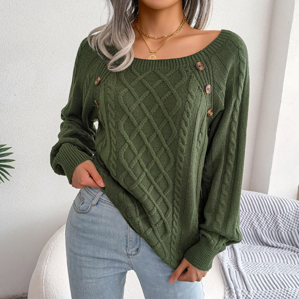 2025 Fall Winter Casual Square Neck Button Detail Cable Knit Sweater