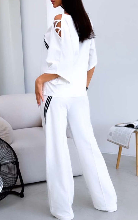Women's Cut Out Shoulder Lounge Set Wide Leg Pants