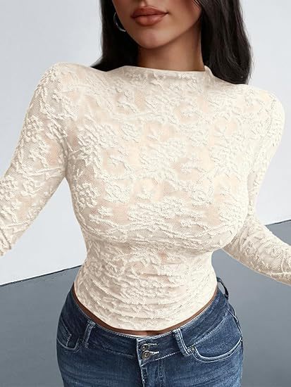Sheer Lace Mock Neck Long Sleeve Fitted Top