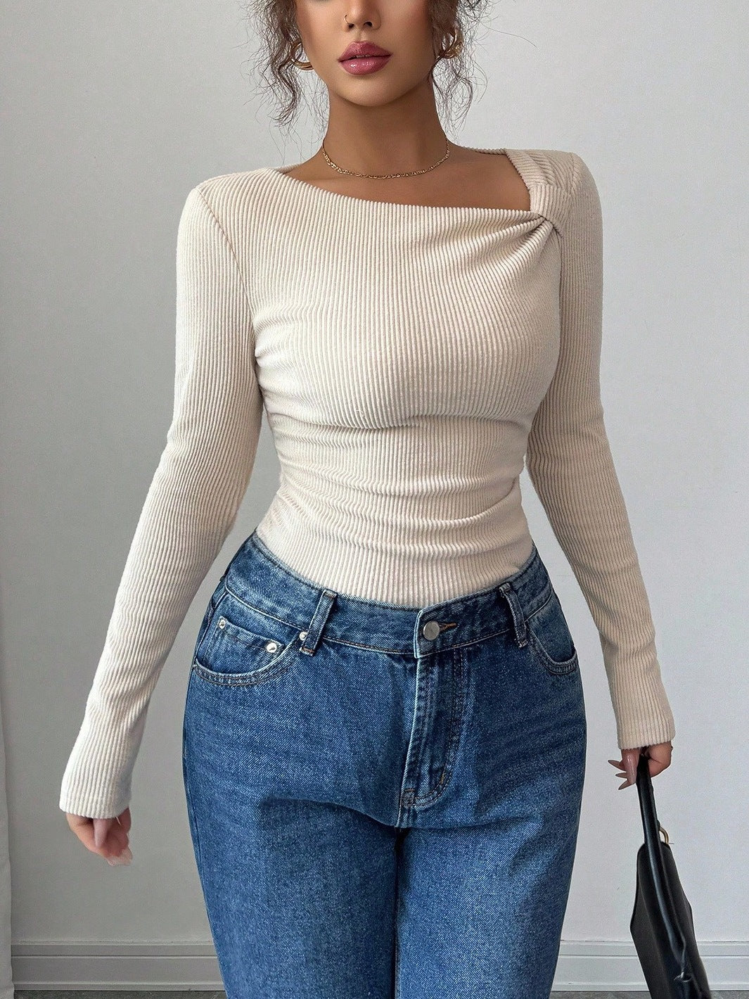 Women's Asymmetrical Neck Ruched Ribbed Long Sleeve Top
