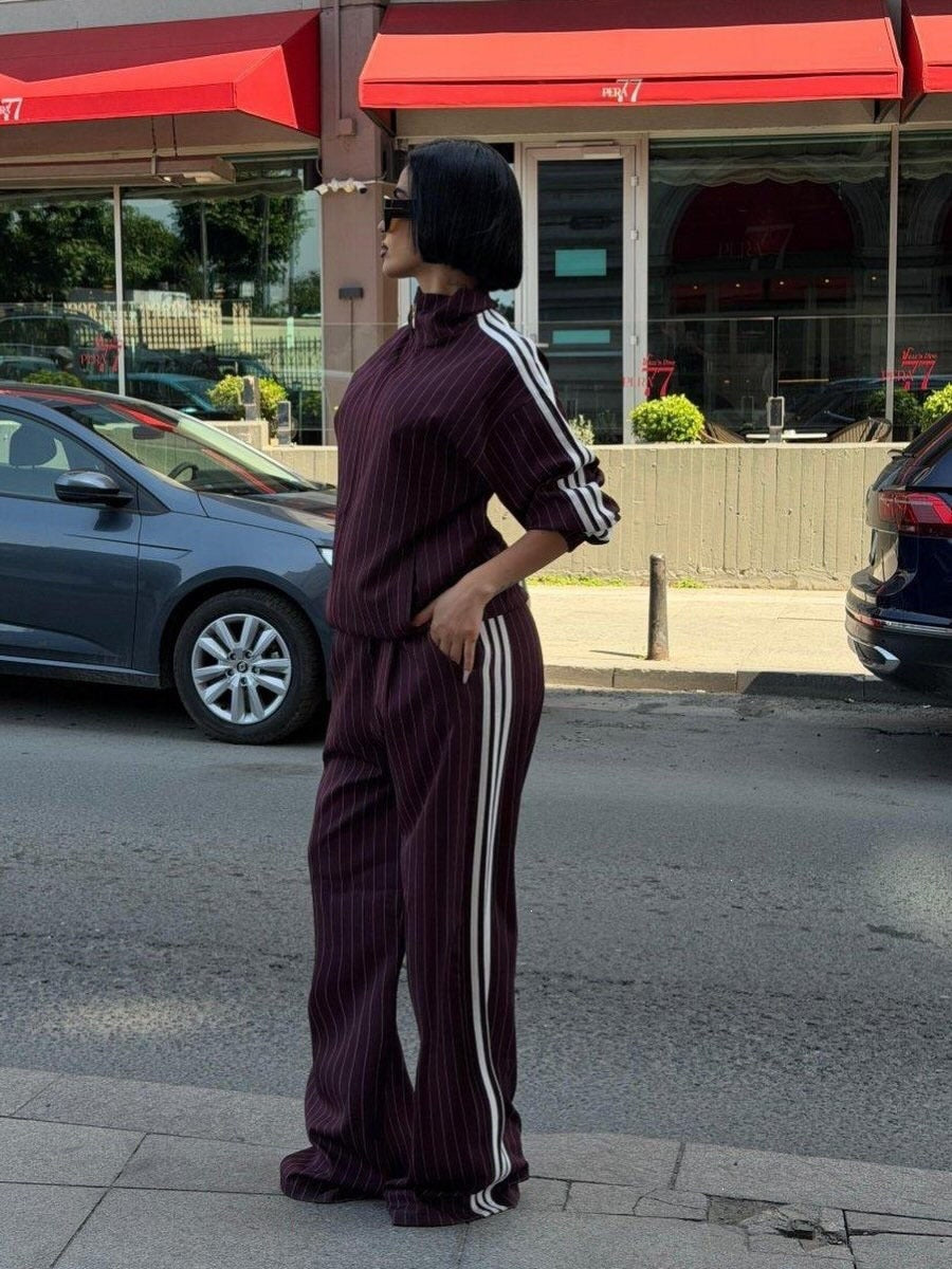 Women Side Stripe Zip Jacket Wide Leg Pants Two Piece Set
