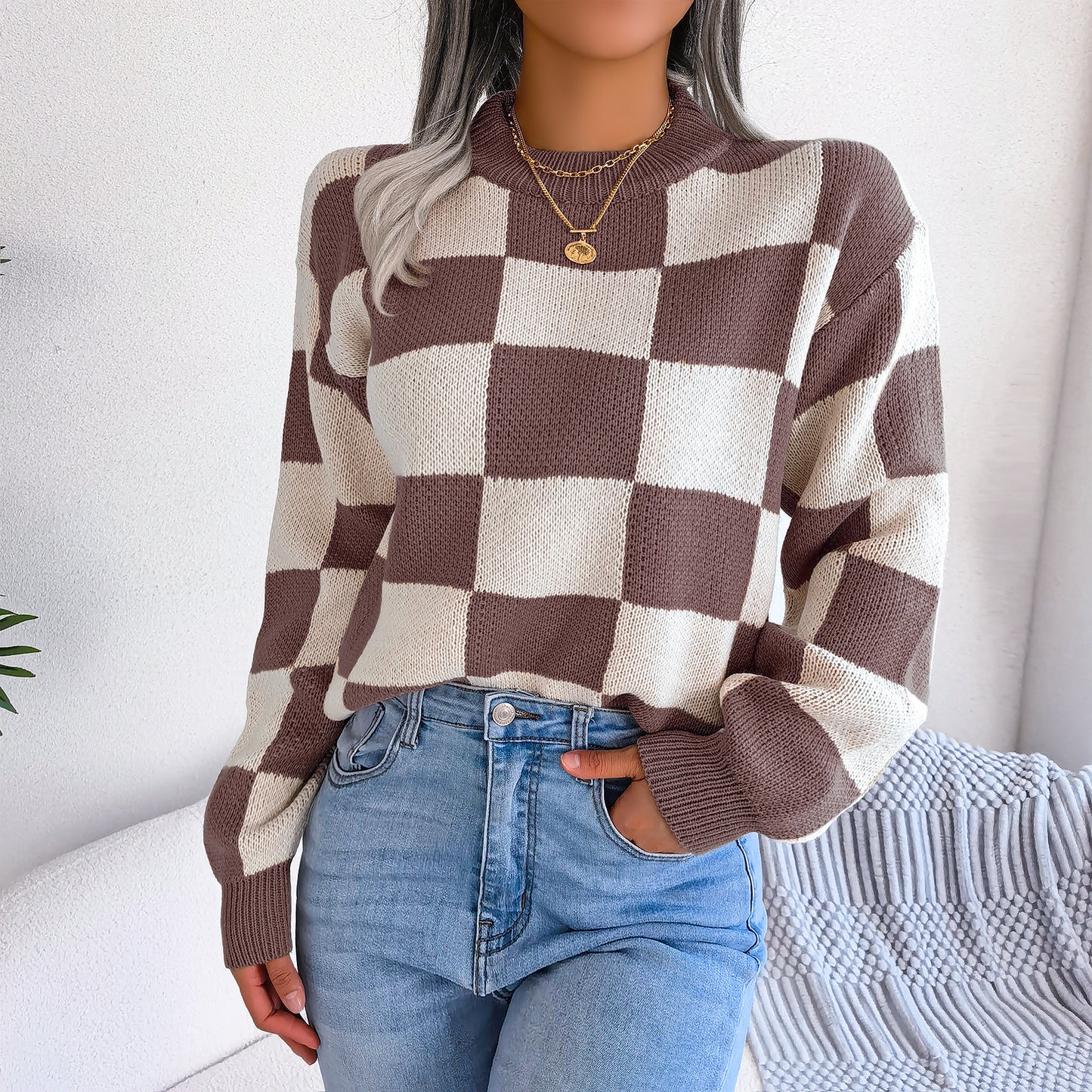 2025 Fall/Winter Colorblock Checkered Knit Sweater - Street Style