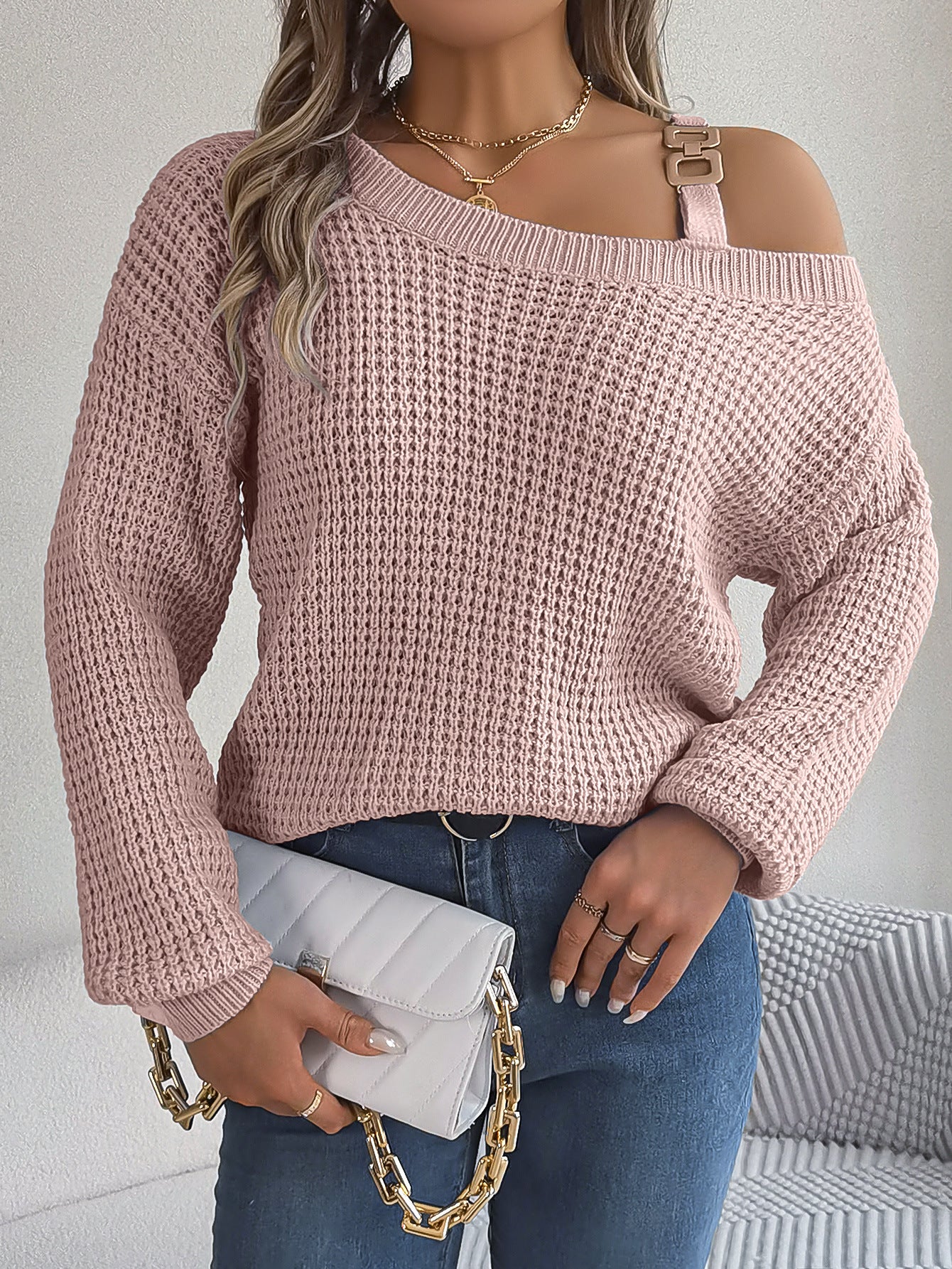 2025 Fall Winter Casual Off-Shoulder Lantern Sleeve Sweater with Metal Accents