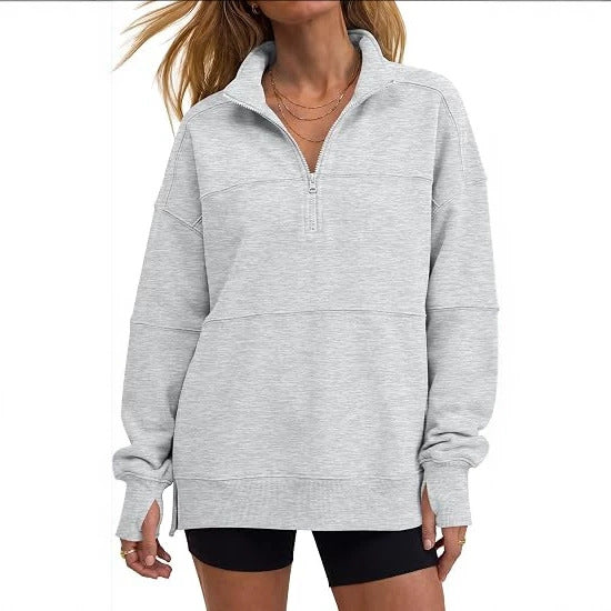 Oversized Half Zip Fleece Sweatshirt Side Slit