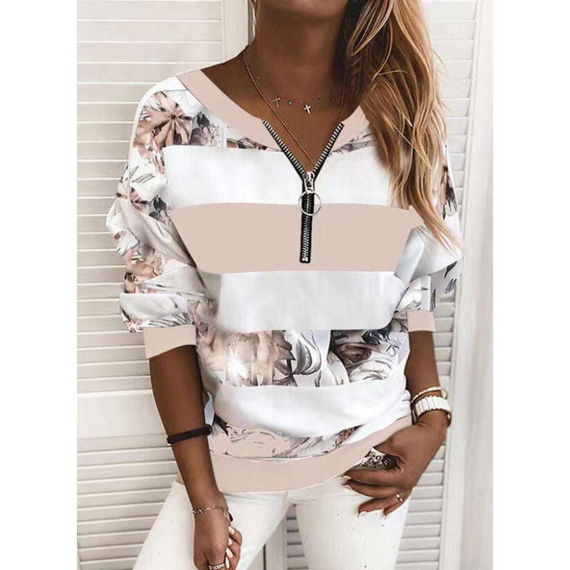 Women's Floral Striped Quarter Zip Pullover Sweatshirt