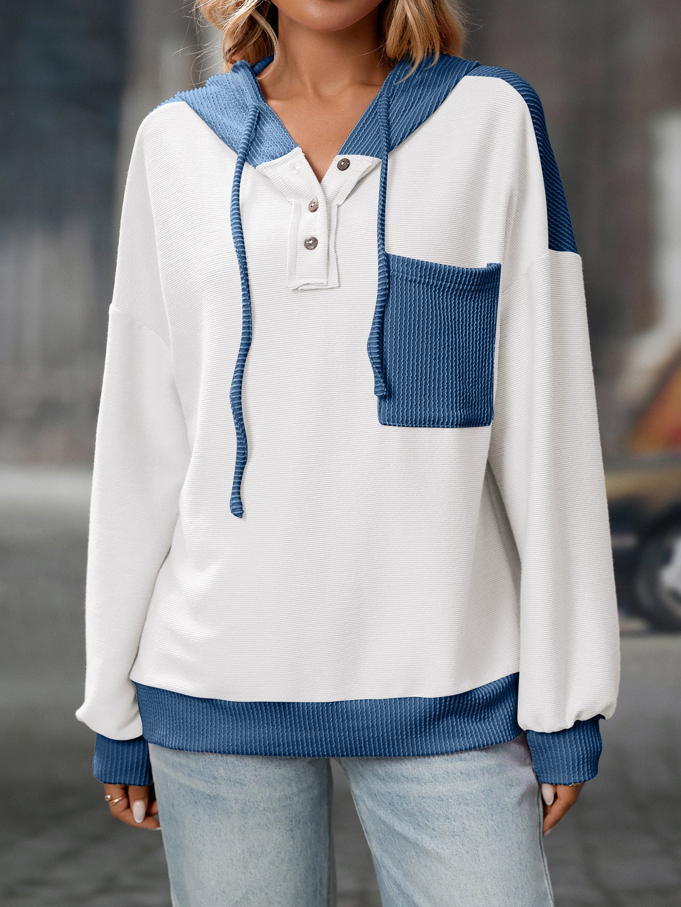 2025 Fall/Winter Colorblock Knit Trim Hoodie – Casual Pullover Sweatshirt