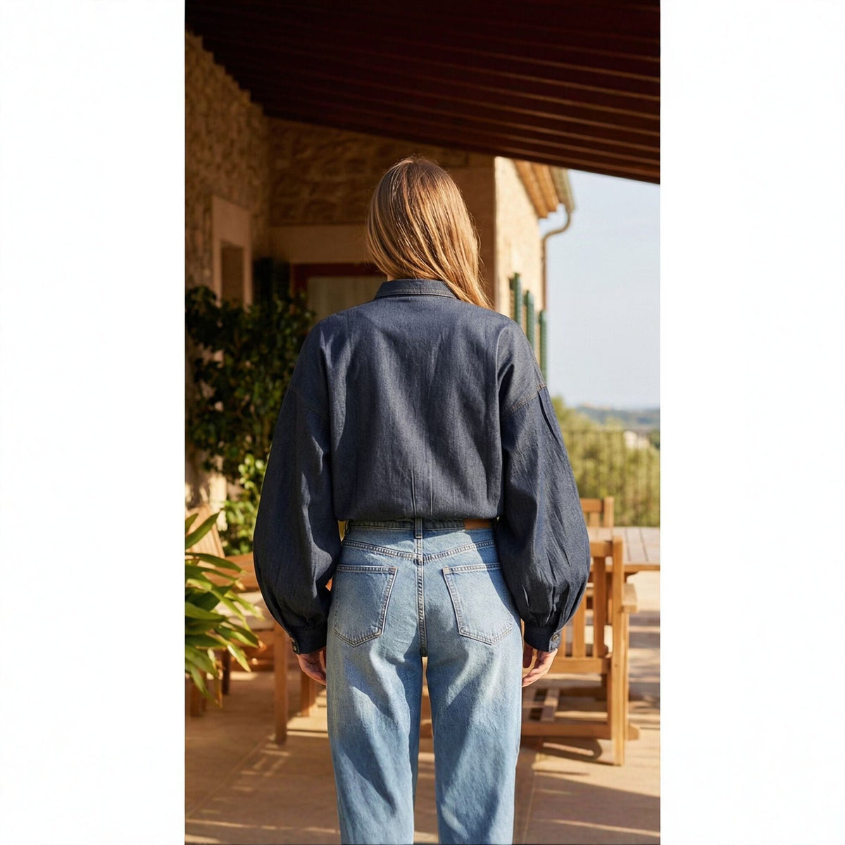 Women's Navy Denim Tie Neck Balloon Sleeve Blouse