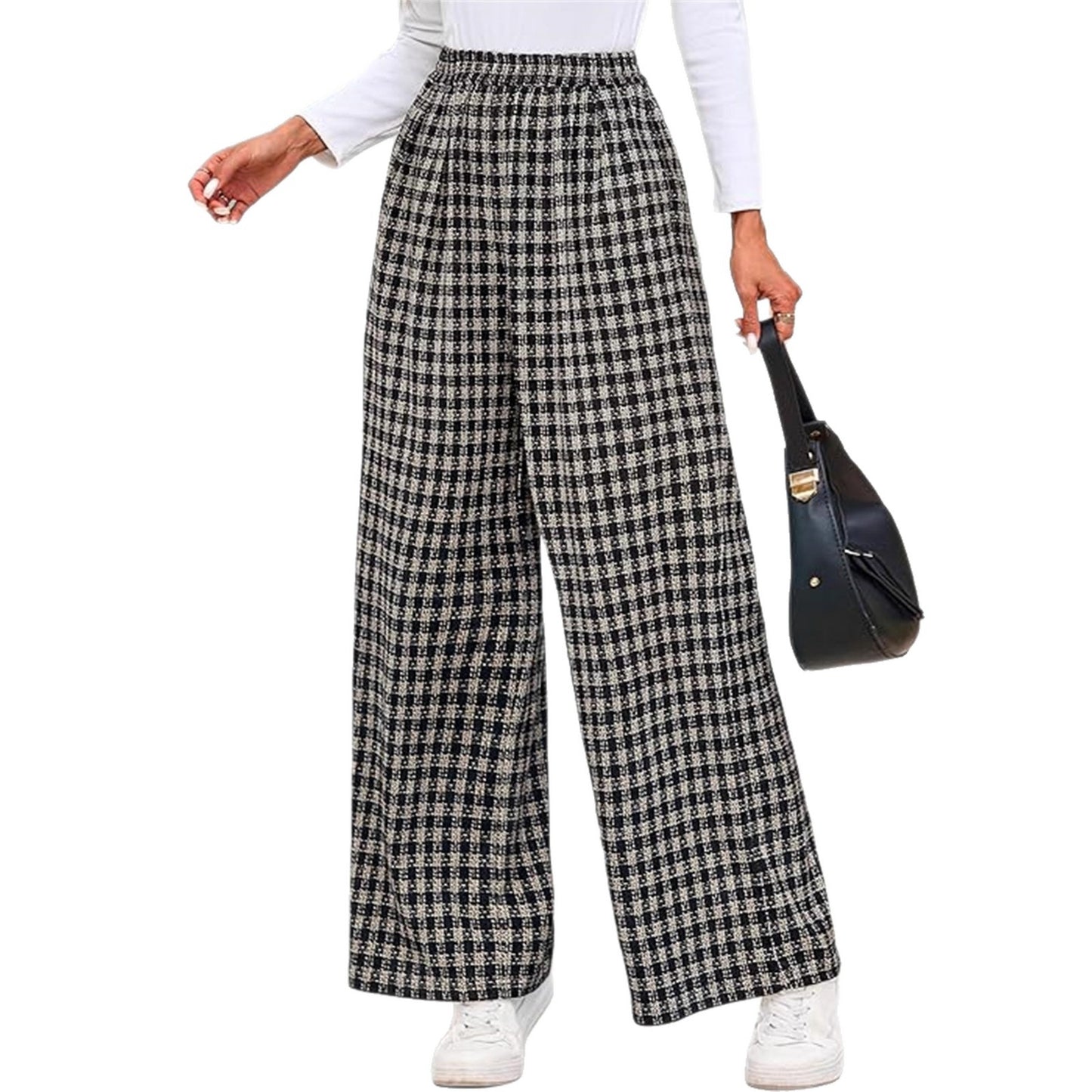 Women Plaid High Waist Wide Leg Pants Elastic Waist
