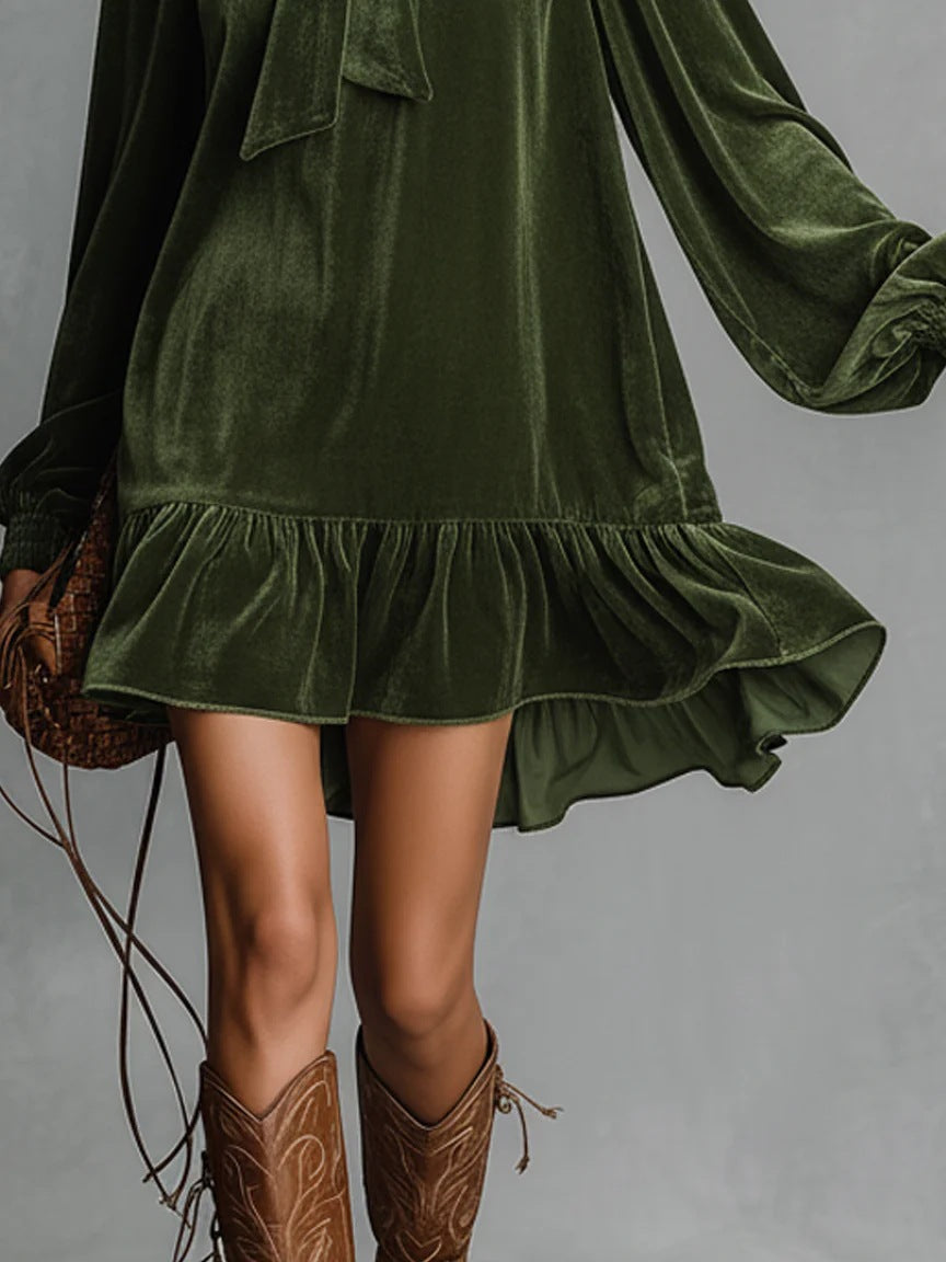Women's Velvet Tie Neck Long Sleeve Ruffle Mini Dress