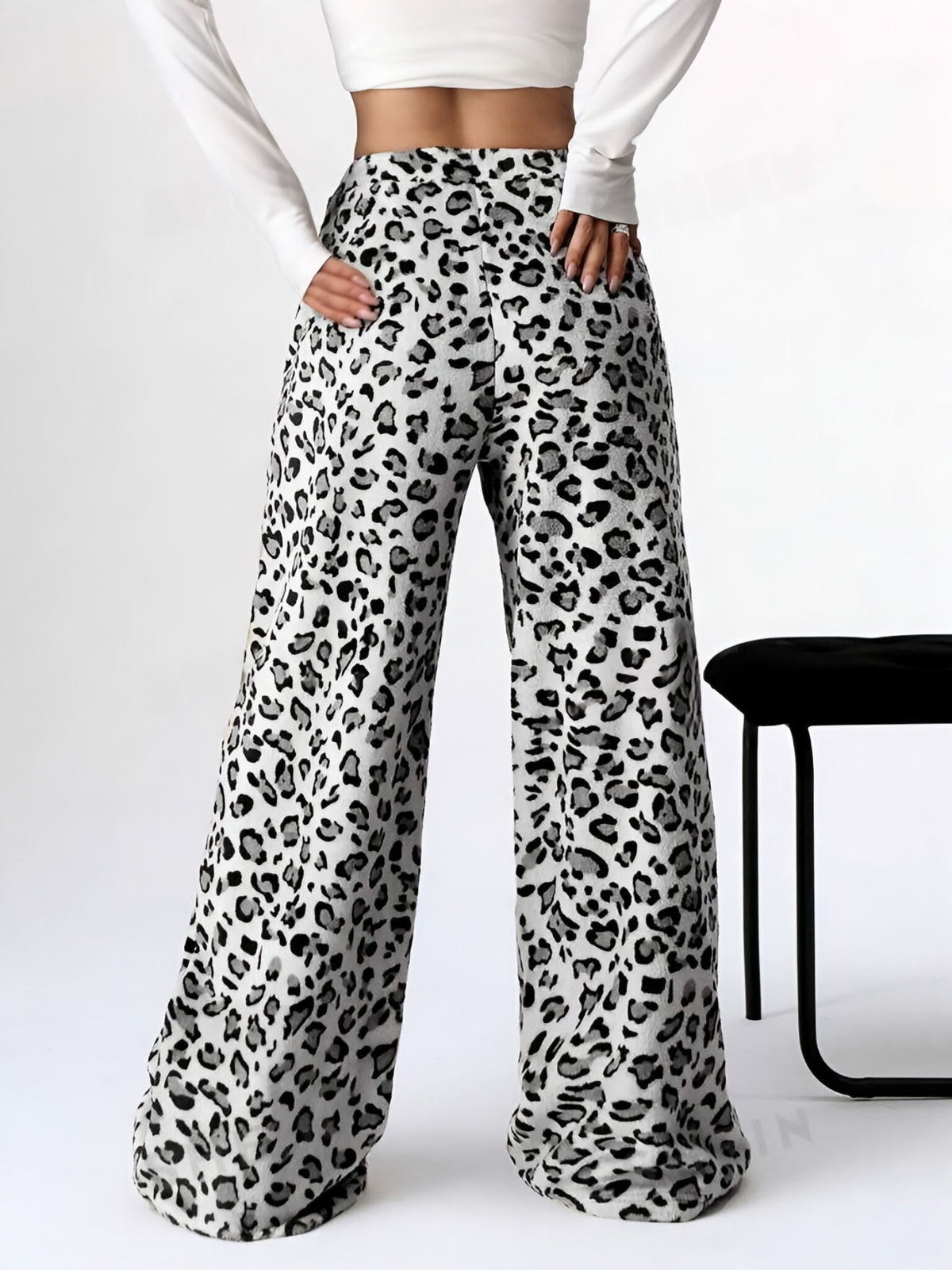 Women's Fuzzy Leopard Print Wide Leg Pants