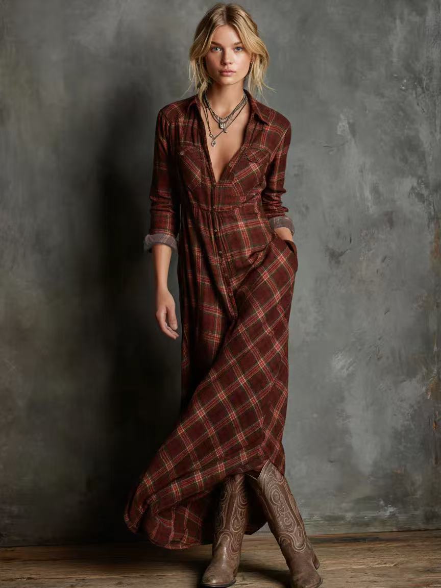 Long Sleeve Plaid Maxi Shirt Dress Button Down