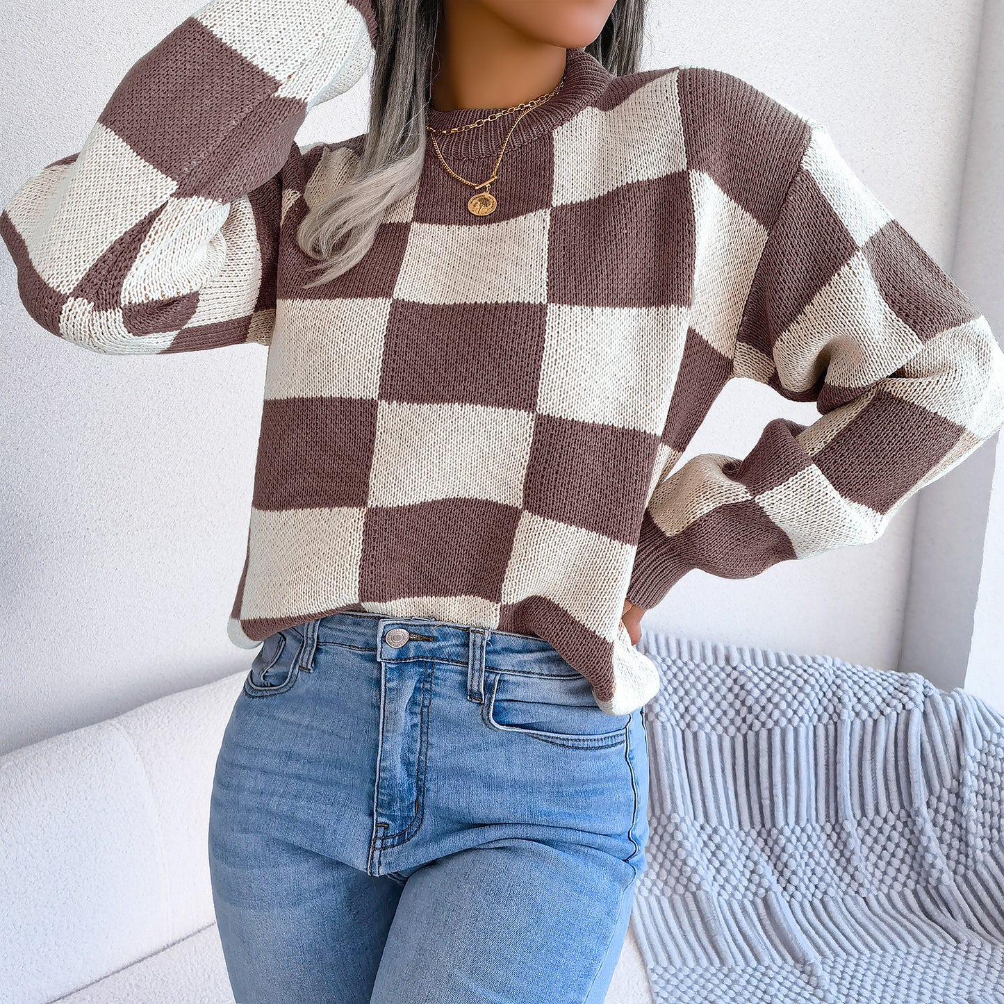 2025 Fall/Winter Colorblock Checkered Knit Sweater - Street Style