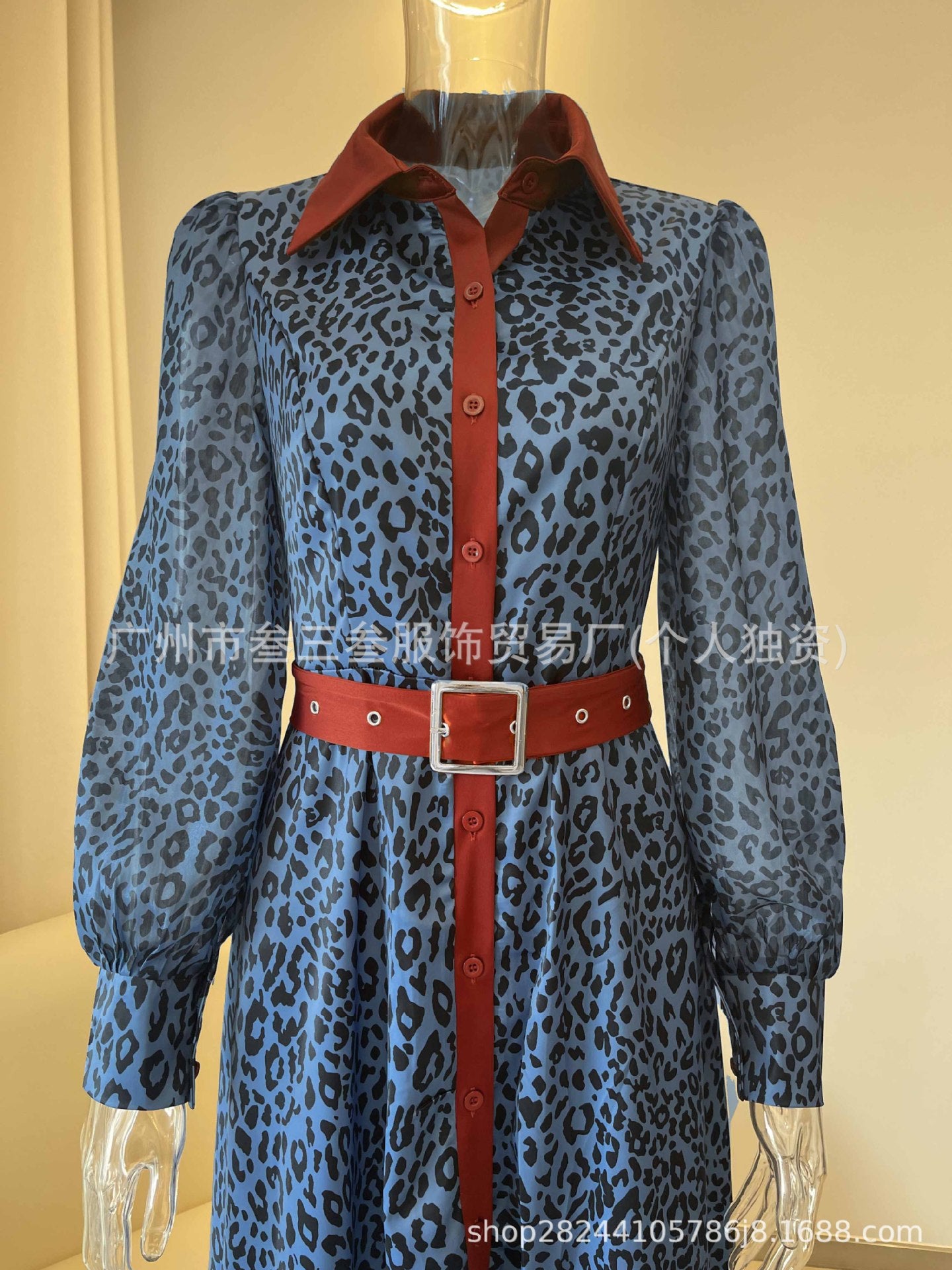Blue Leopard Print Long Sleeve Shirt Midi Dress