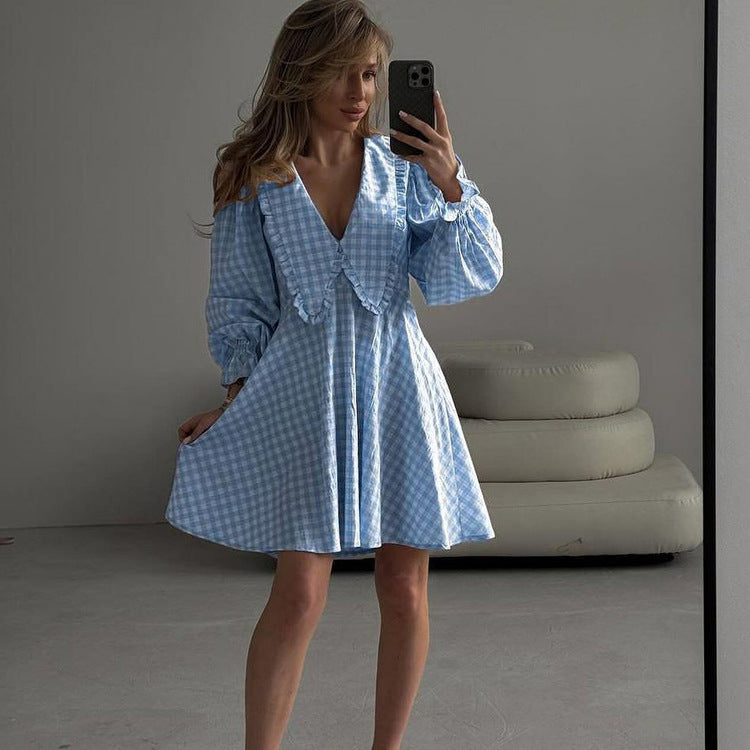 Pink Plaid Long Sleeve Ruffle Collar Mini A-Line Dress