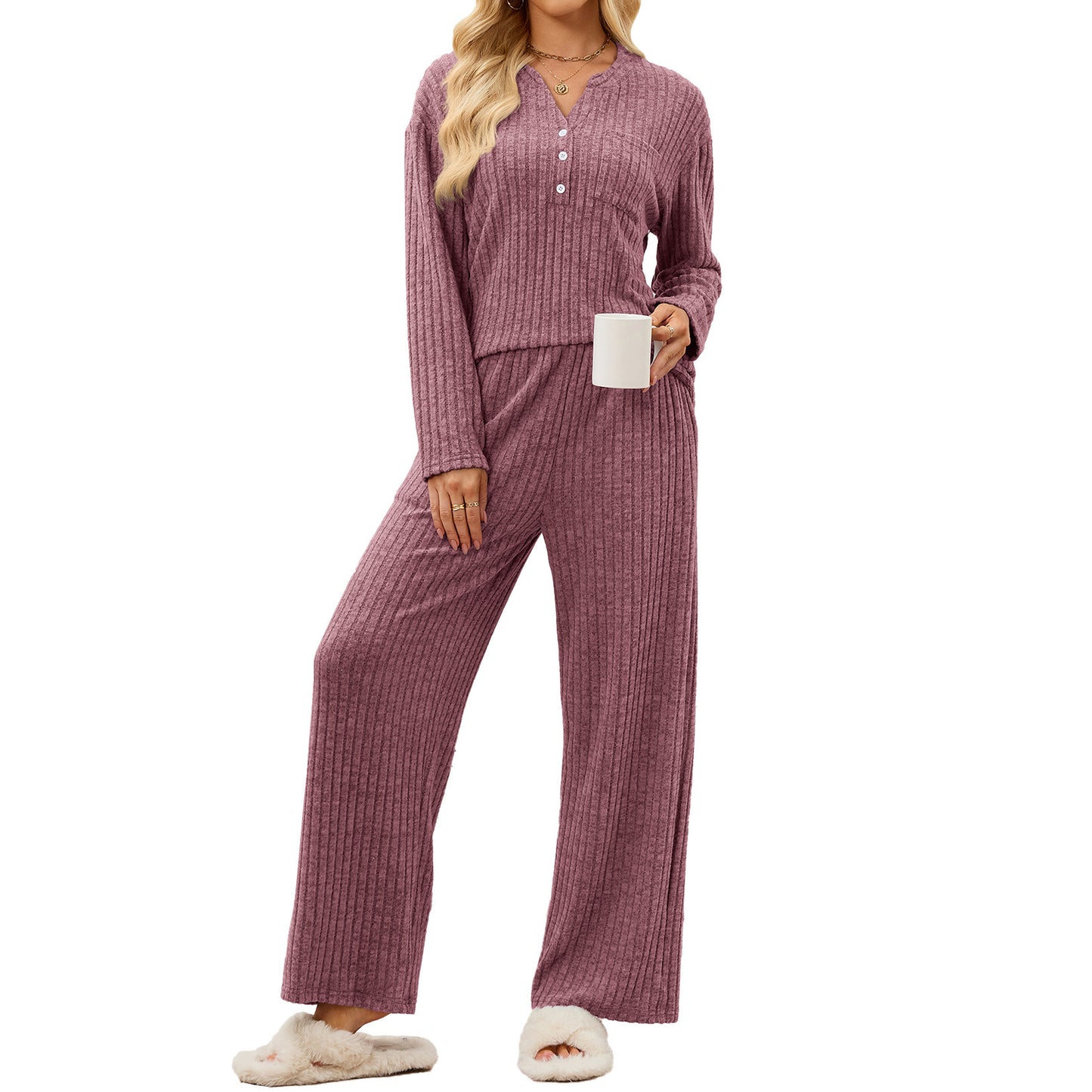 Women's Ribbed V-Neck Button Top Wide Leg Pants Lounge Set