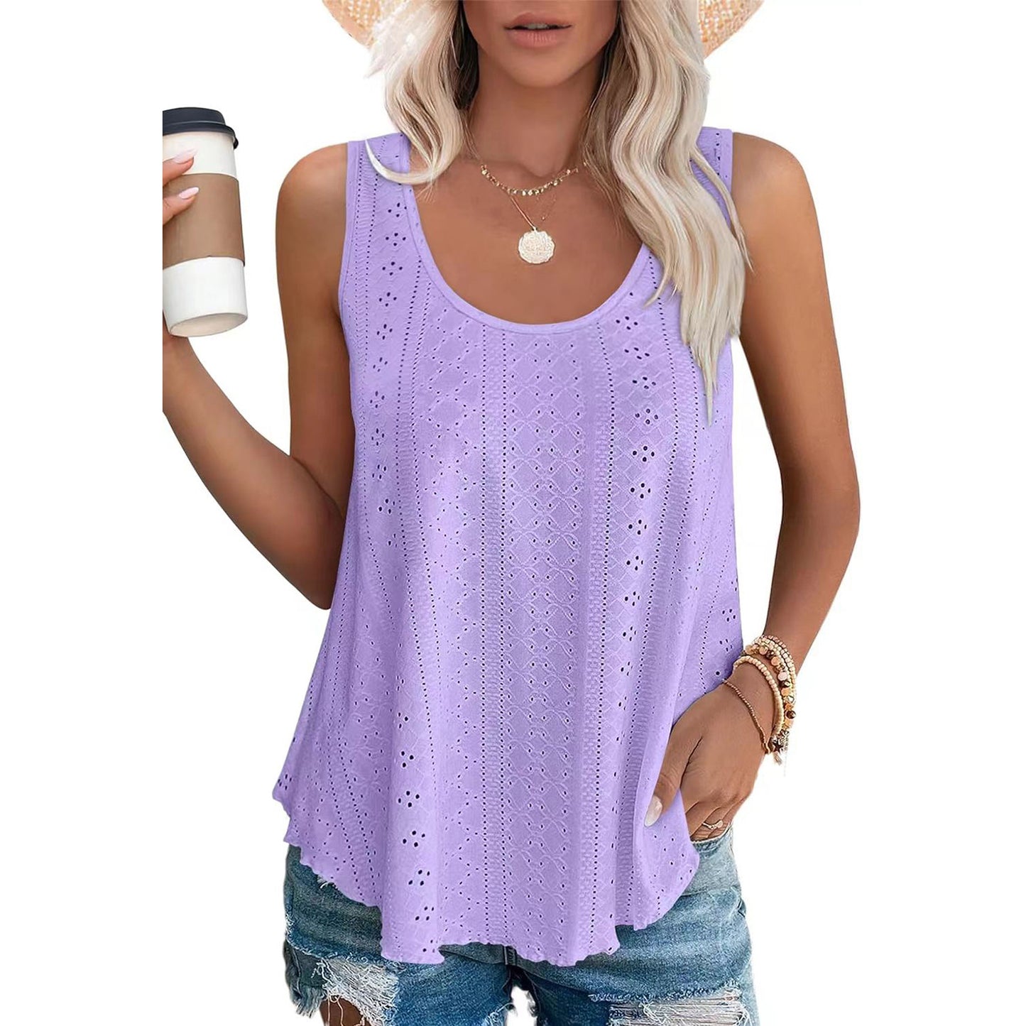 Eyelet Knit Tank Top Sleeveless Loose Fit Summer Top