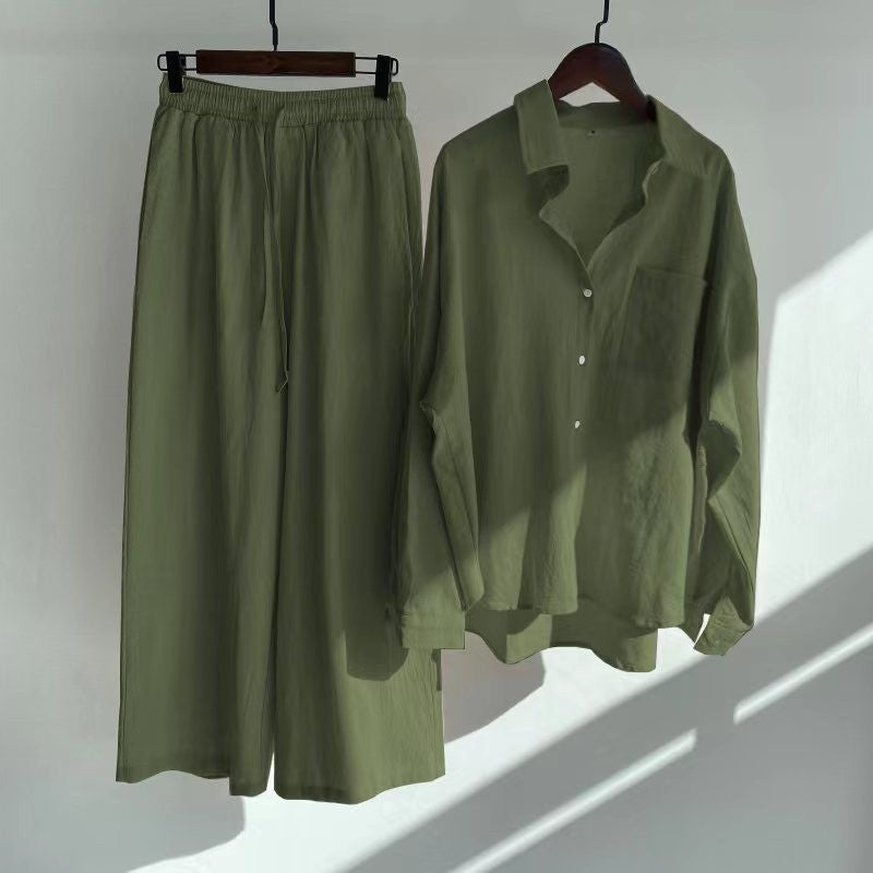 Linen Blend Button Shirt Wide Leg Pants Two Piece Set