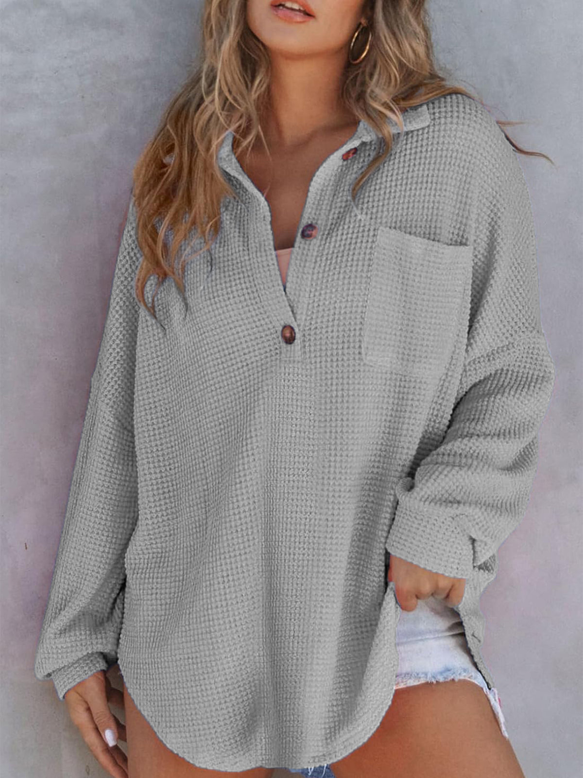 Women's Waffle Knit Oversized Collared Pocket Tunic Top