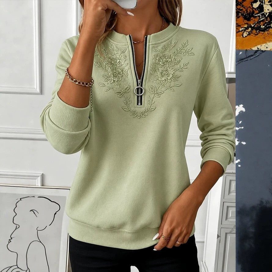 Women's Floral Embroidered Half Zip Sweatshirt Pullover