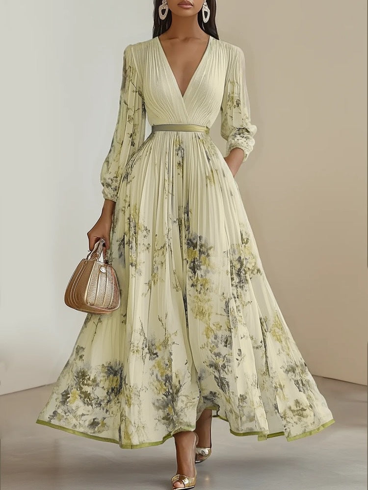 Floral Pleated V-Neck Long Sleeve Maxi Dress