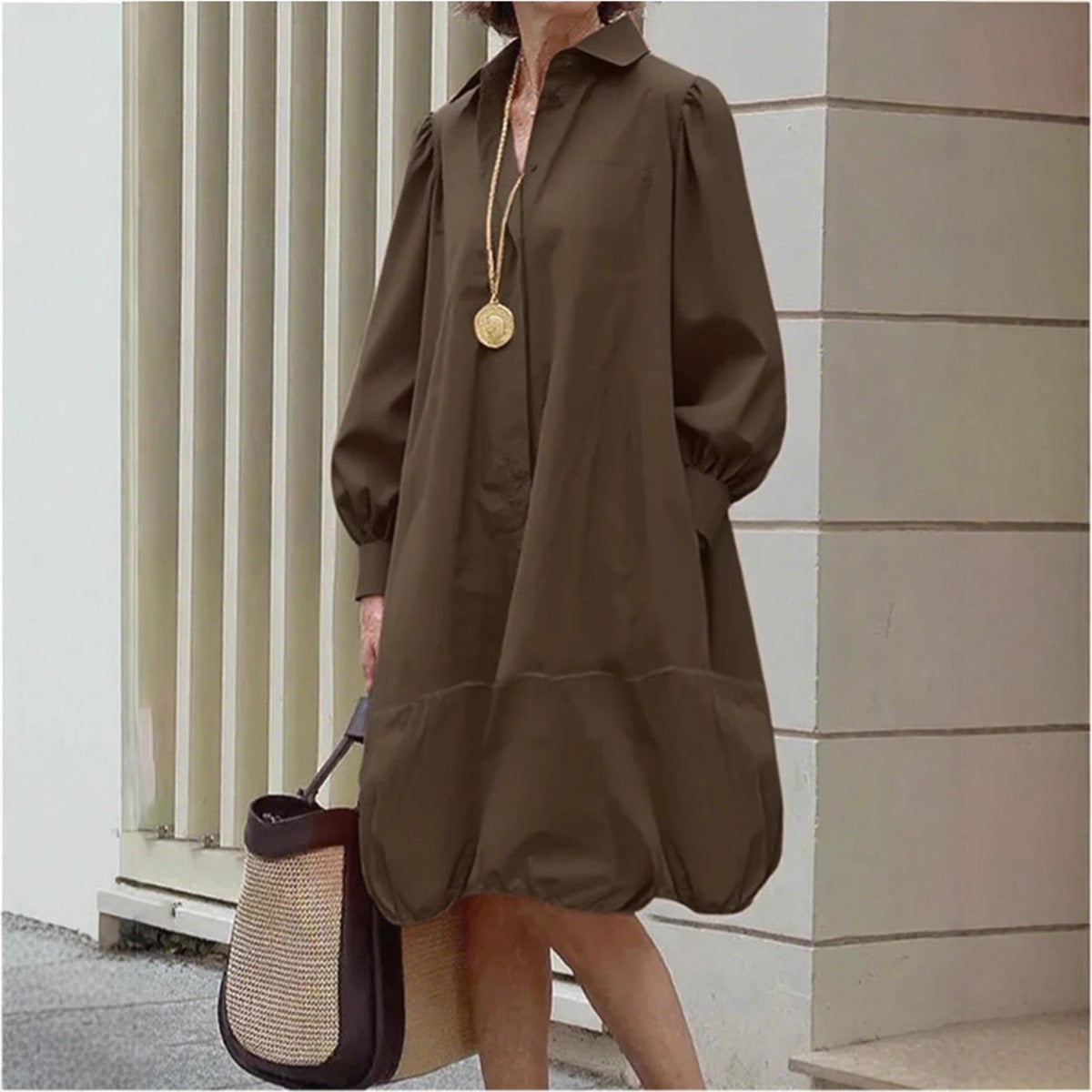Women's Puff Sleeve Button Down Bubble Hem Midi Dress