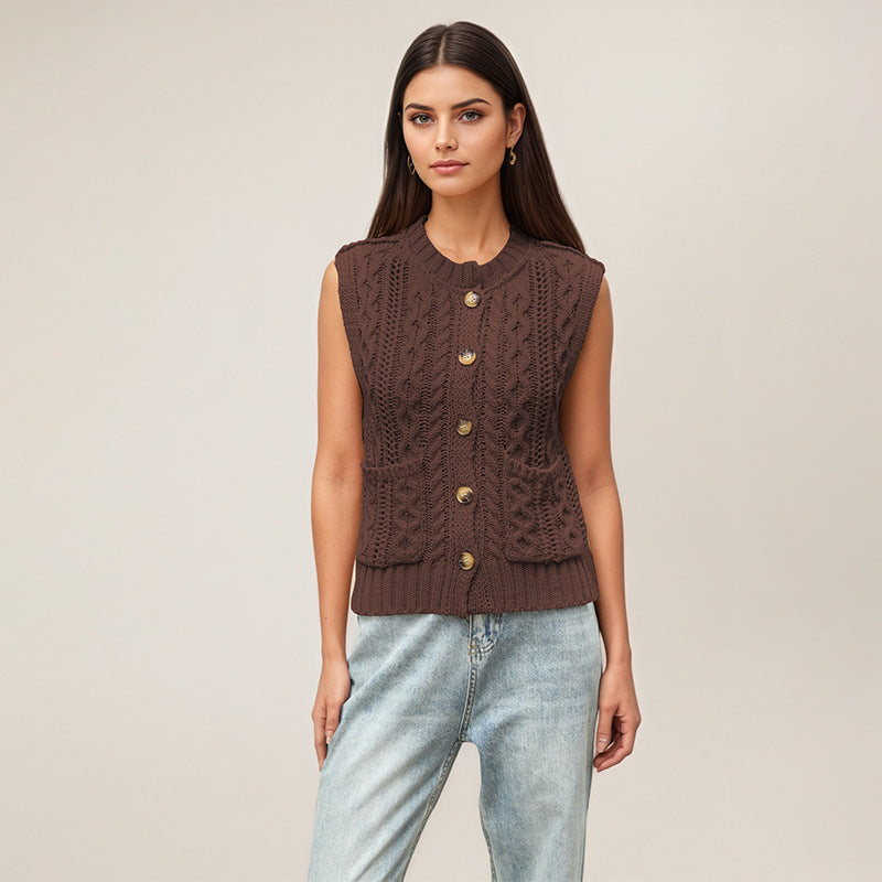 Cable Knit Sweater Vest Button Front Sleeveless Cardigan