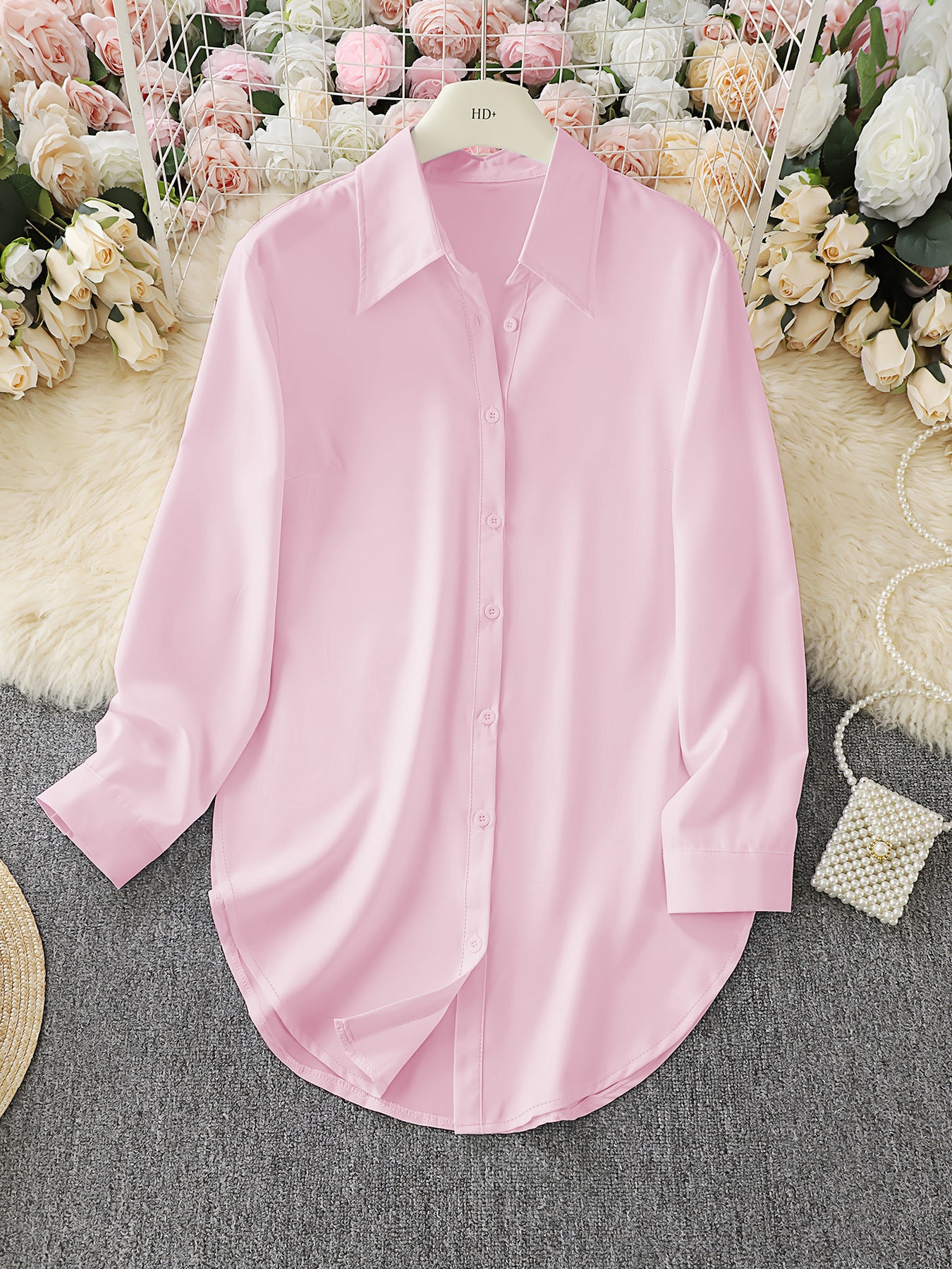 Women's Split Hem Long Sleeve Button Down Tunic Shirt