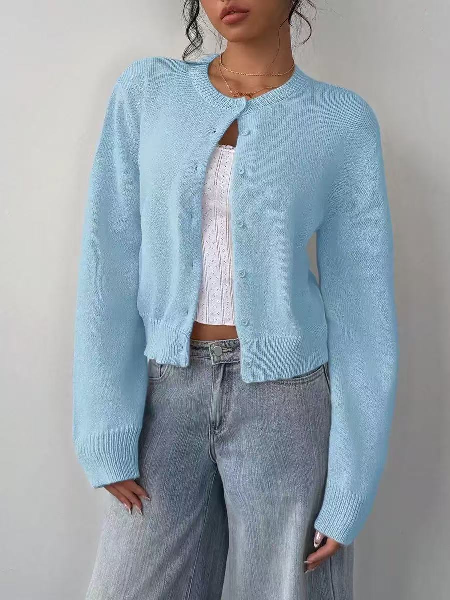 Women Cropped Knit Cardigan Long Sleeve Button Front Loose