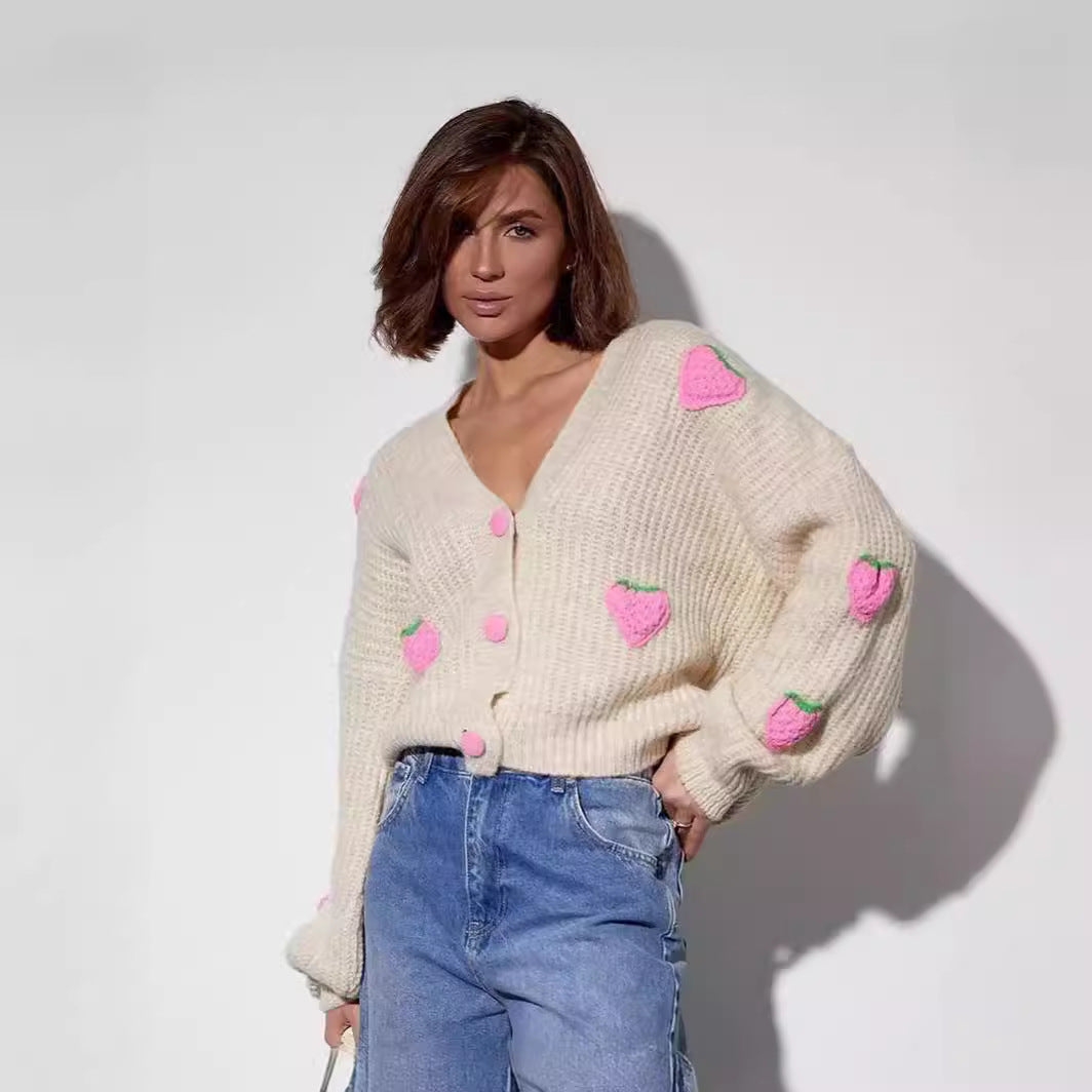 Oversized Chunky Knit Strawberry Cardigan Sweater