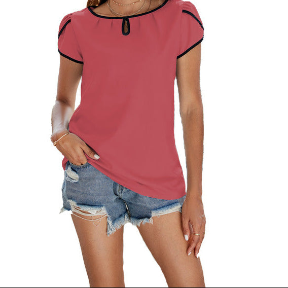 Women Chiffon Blouse Short Sleeve Contrast Trim Keyhole Top