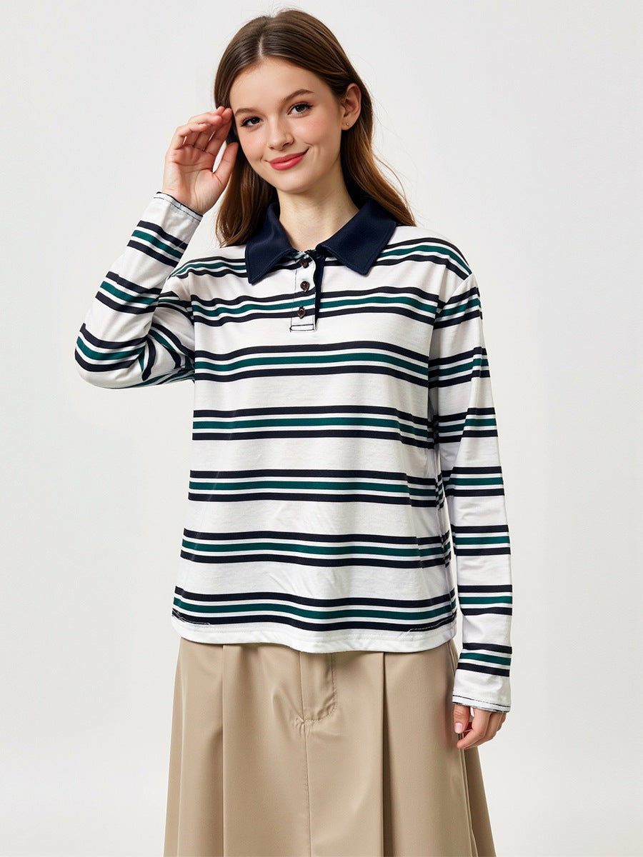 Women's Striped Polo Shirt Long Sleeve Button Collar Top