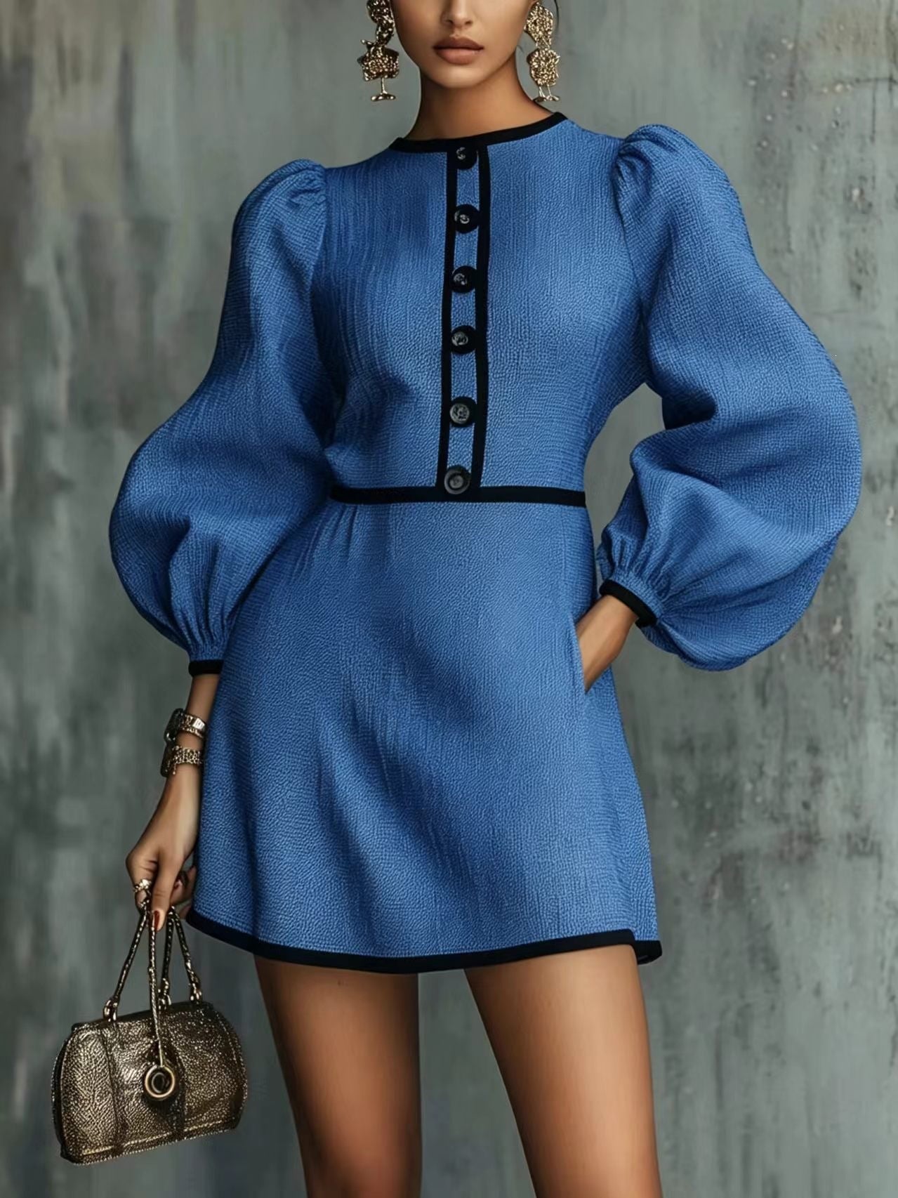 Tweed Mini Dress Puff Sleeve Button Front Contrast Trim