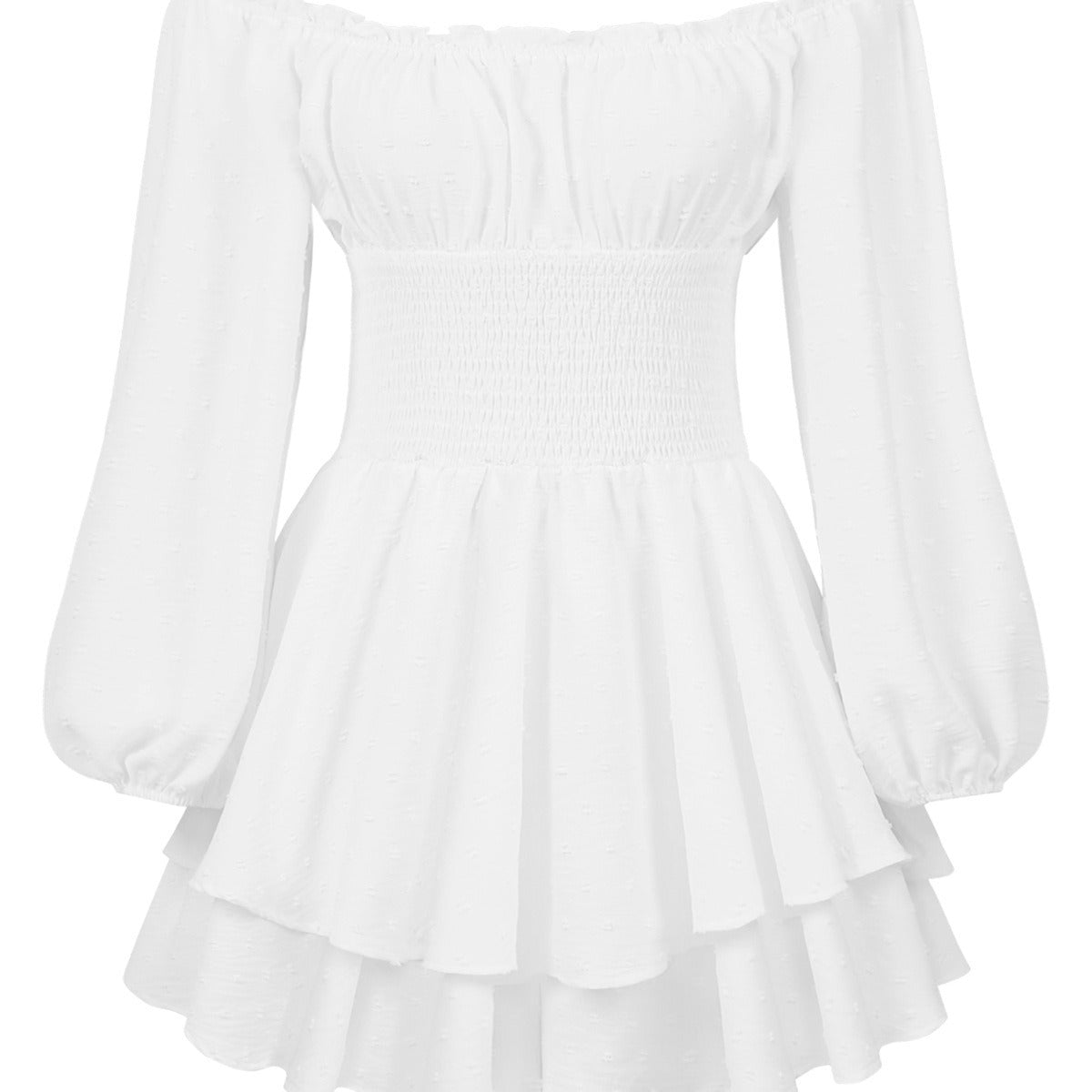 Off Shoulder Smocked Ruffle Mini Dress Puff Sleeve