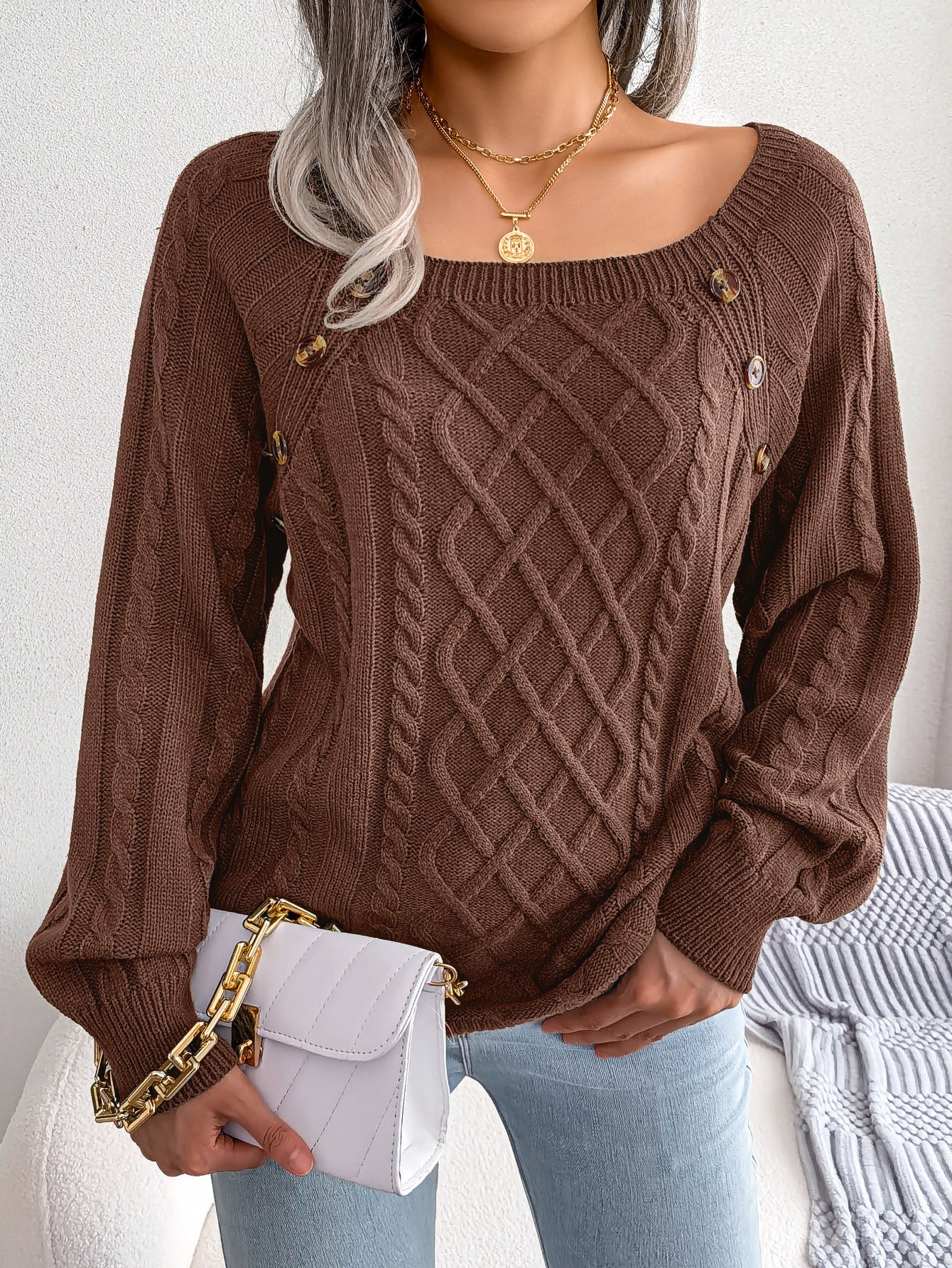 2025 Fall Winter Casual Square Neck Button Detail Cable Knit Sweater