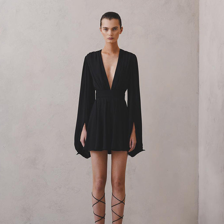 Sexy Black Puff Sleeve V-Neck High Waist Mini Dress